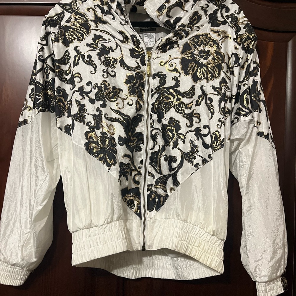 Black & White & Gold Floral & Paisley Bomber Spring Summer Vintage Jacket 80’s